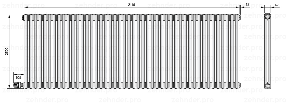 Схема (чертеж) Радиатор Zehnder Charleston 2250/46 №V003 Белый глянцевый RAL 9016
